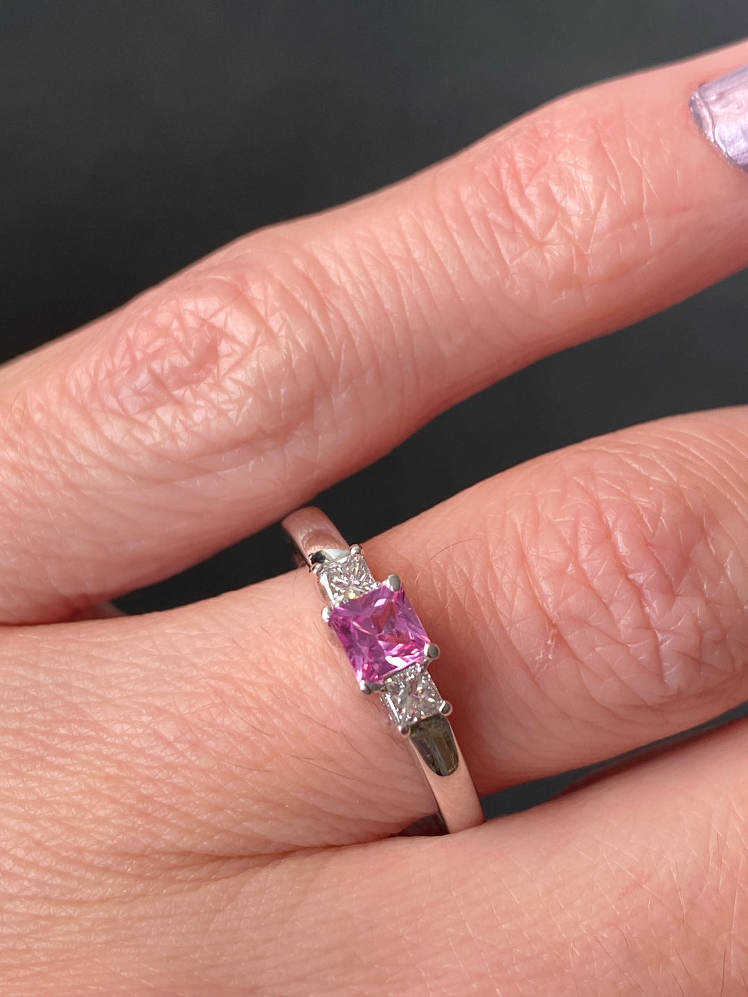 Princess Cut Pink Sapphire and Diamond Three Stone Engagement Ring in 18ct White Gold