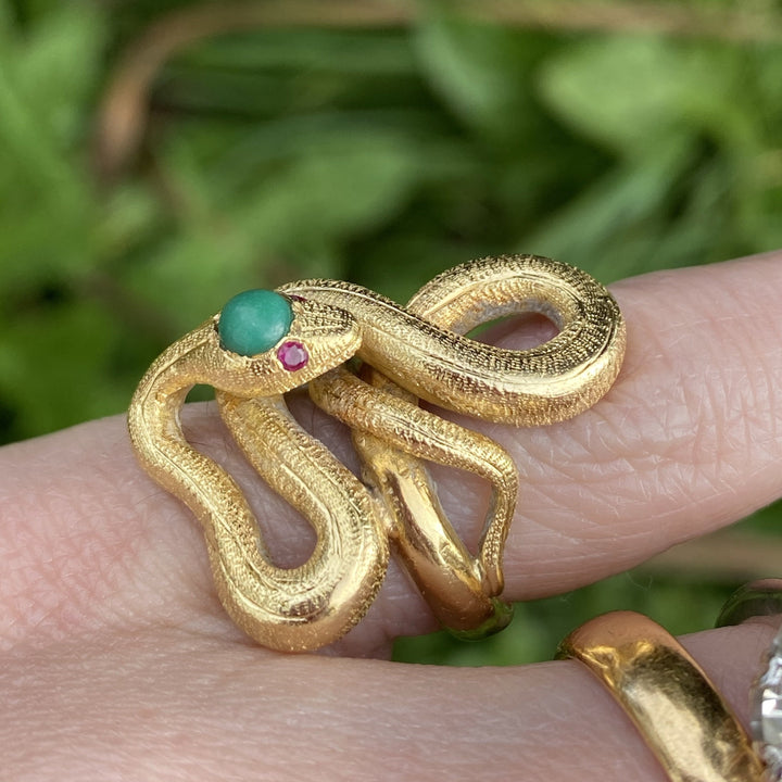 Antique Turquoise and Ruby Snake Serpent Ring in Yellow Gold Antique Turquoise and Ruby Snake Serpent Ring in Yellow Gold 