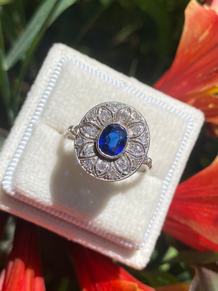 1.50 CTW Antique Art Deco Blue Ceylon Sapphire and Diamond Halo Engagement Ring in Platinum