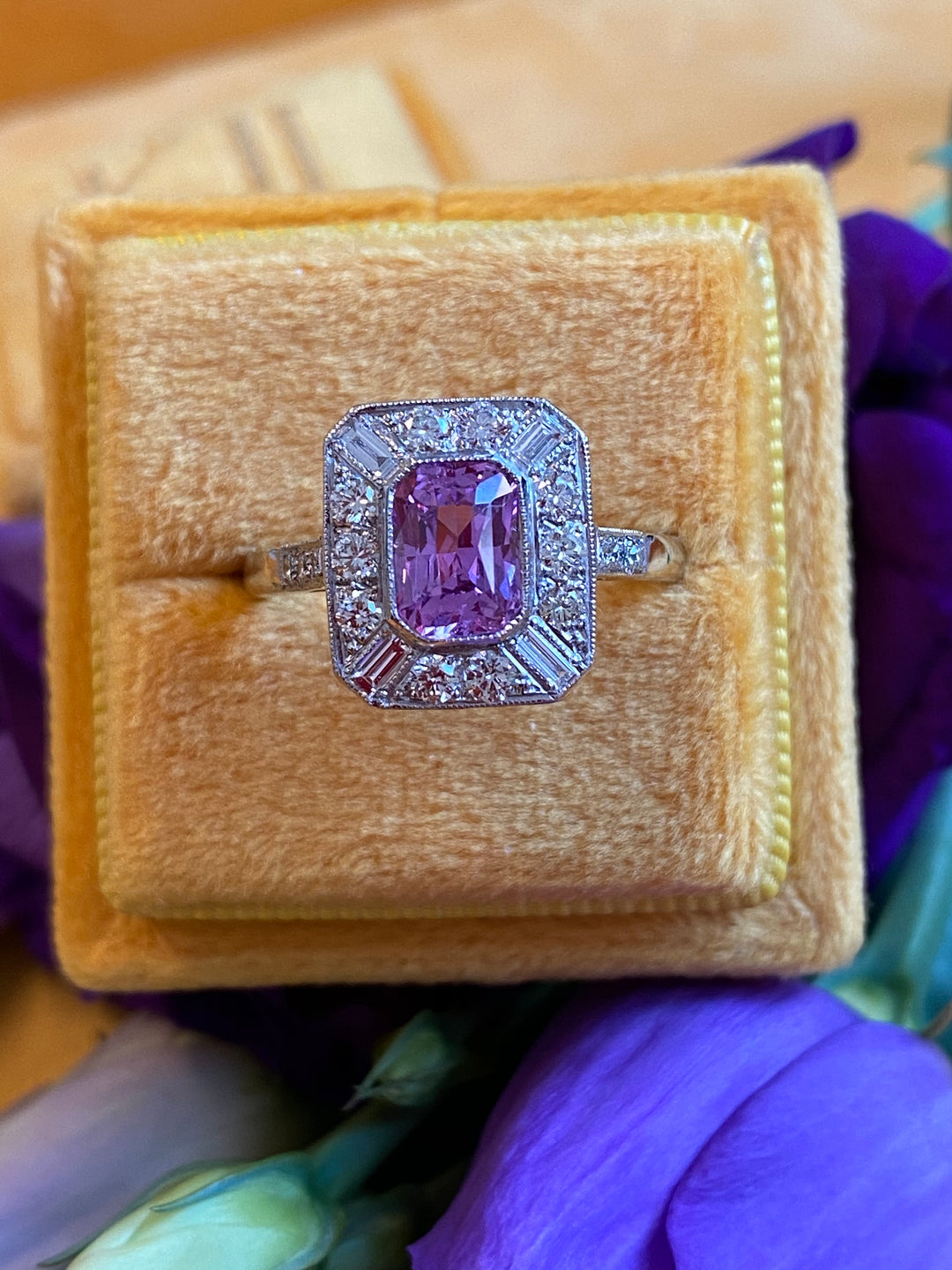 1.00 Carat Pink Sapphire and Diamond Art Deco Halo Engagement Ring in Platinum