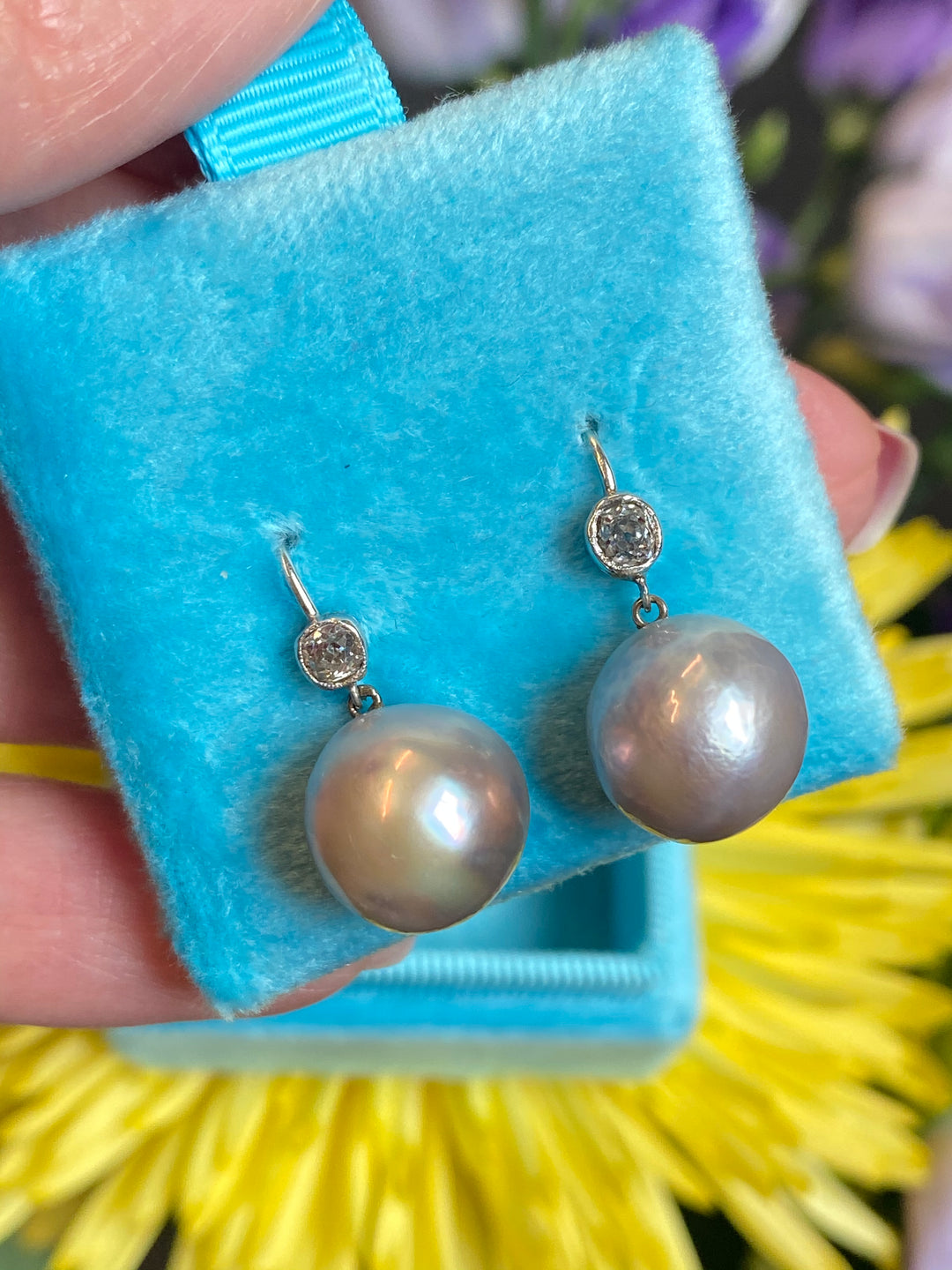Old cut Diamond and pearl drop earrings in White gold 