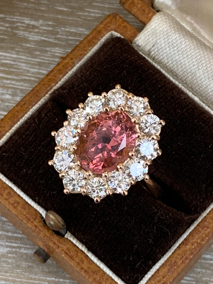 5.05 Carat Oval-Cut Pink Tourmaline and Diamond Halo Ring in 18K Rose Gold