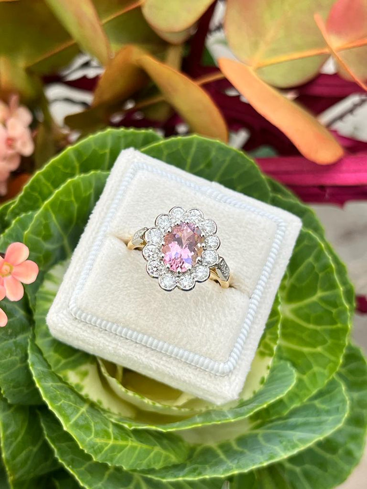 2 Carat Oval Pink Tourmaline and Diamond Halo Antique Style Engagement Ring in Yellow Gold 