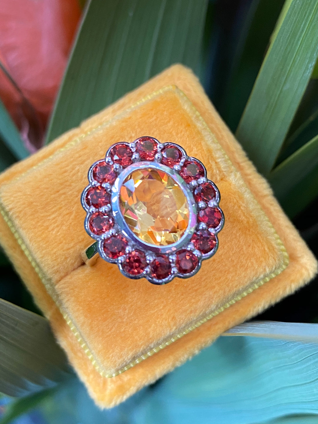 Oval-Cut Citrine and Garnet Halo Cocktail Ring in Sterling Silver