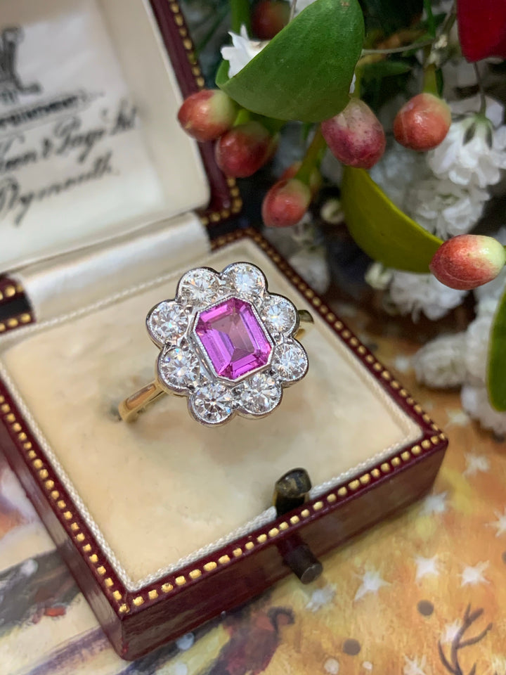 2.00 CTW Pink Sapphire and Diamond Halo Ring in 18ct White and Yellow Gold