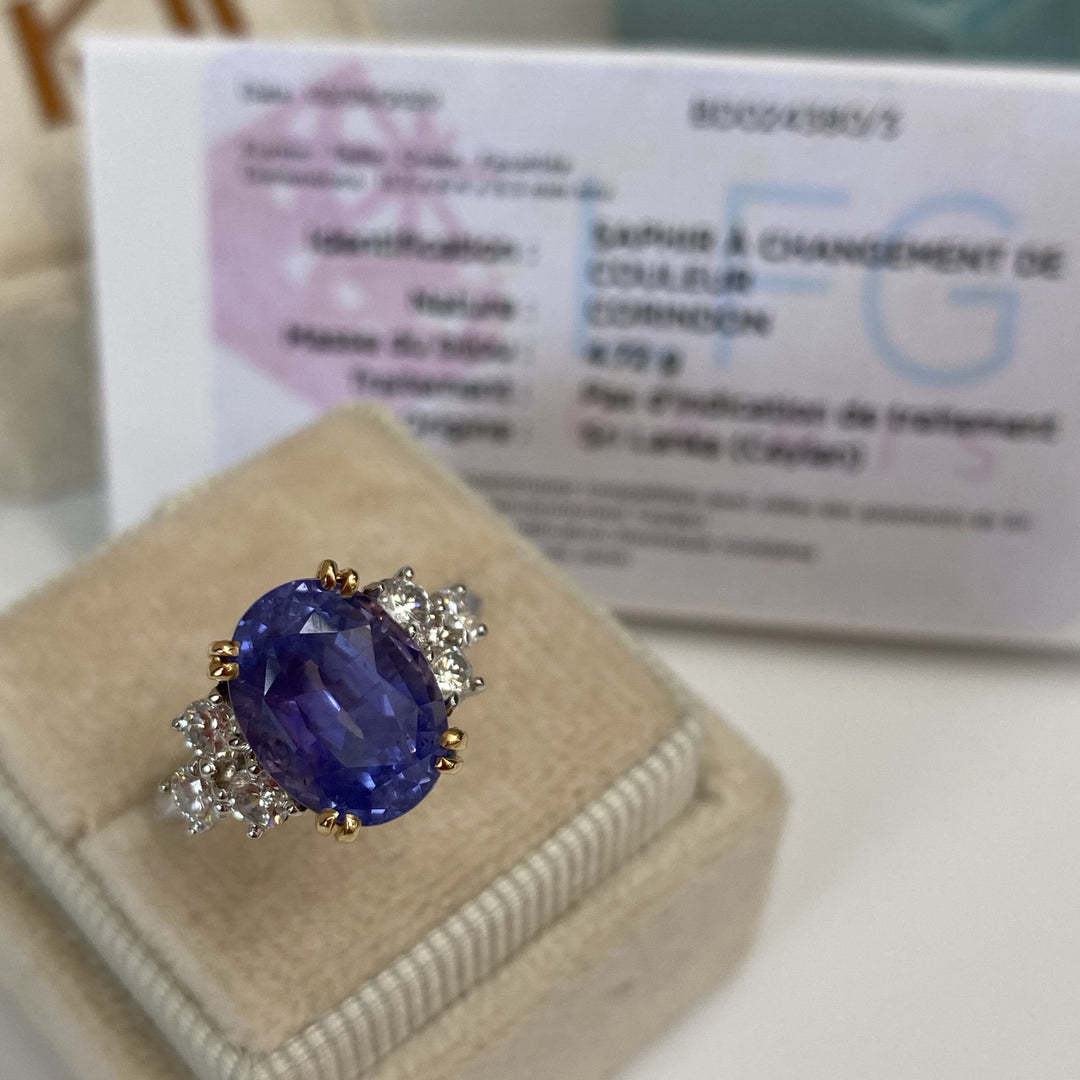 4.98 Carat Colour Change Sapphire and Diamond Ring 