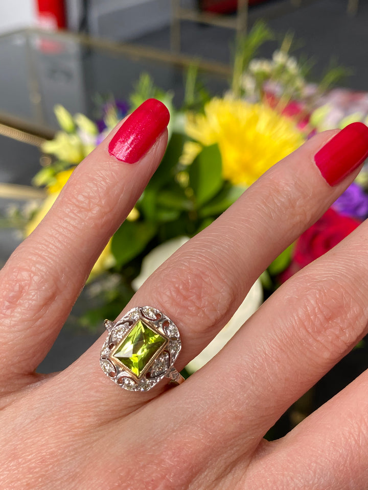 1.60 Carat Peridot and Diamond Art Deco Halo Ring in Platinum and 18ct Gold