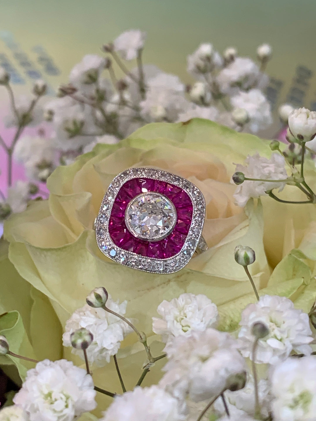1.10 Carat Old Euro Cut Diamond and Ruby Halo Ring in 18K White Gold