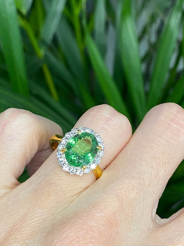 4.50 Carat Tsavorite Garnet and Diamond Halo Engagement Ring in 18ct Yellow Gold