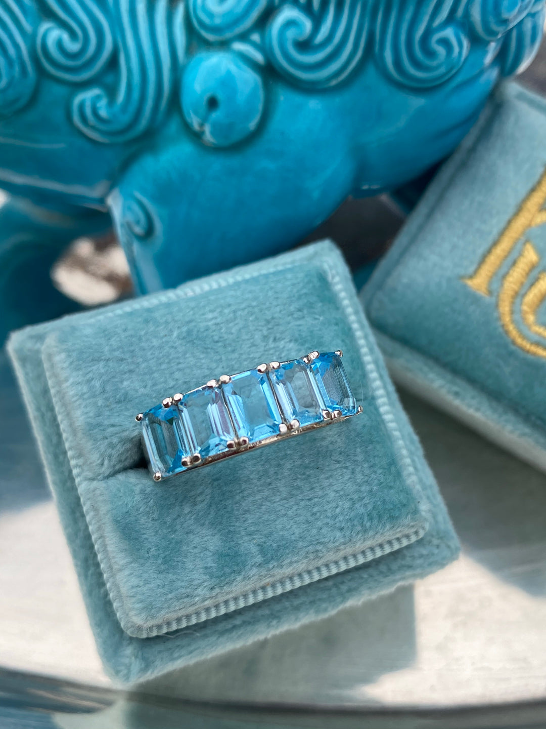 Emerald Cut Blue Topaz Five Stone Ring in Sterling Silver
