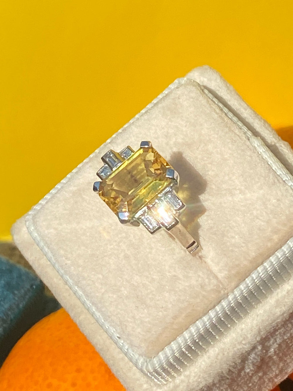 3.00 Carat Yellow Sapphire and Diamond Art Deco Engagement Ring in Platinum 