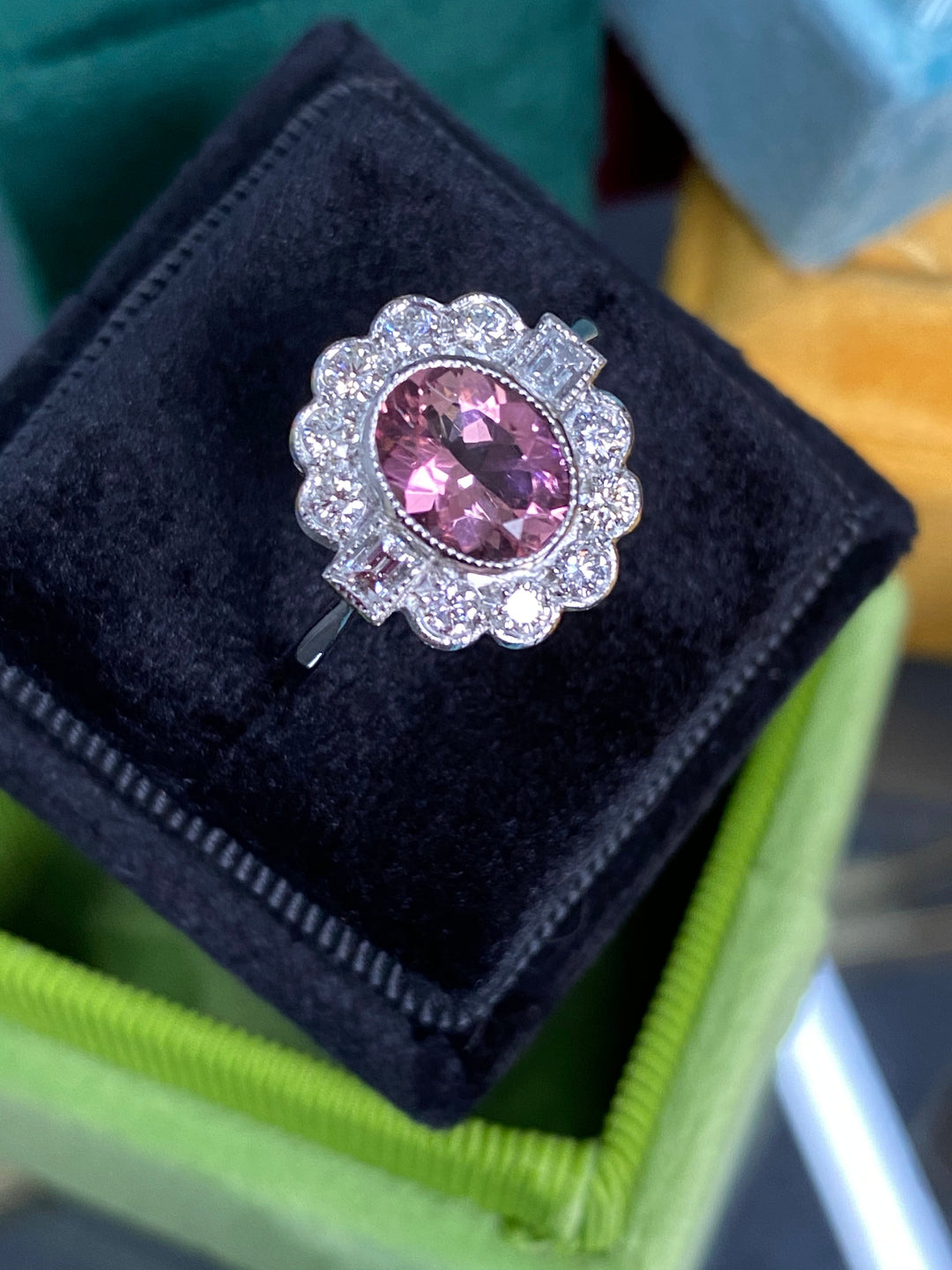 1.55 CTW Oval Pink Tourmaline and Diamond Art Deco Halo Engagement Ring in Platinum