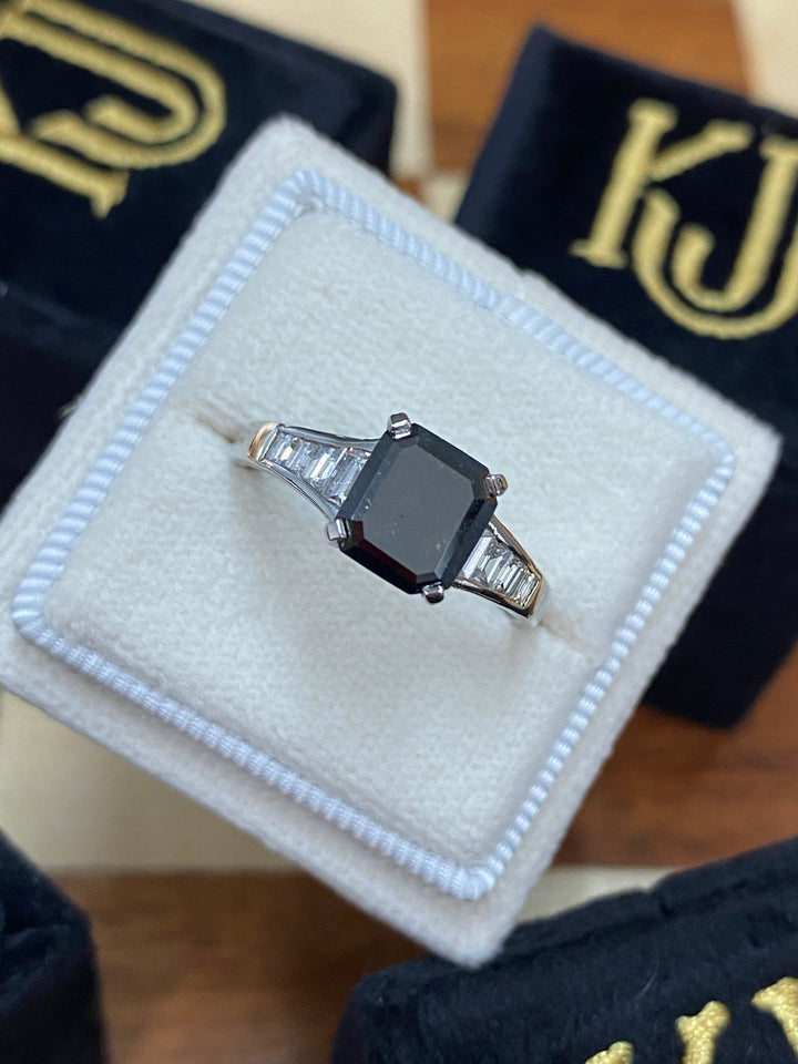 1.30 Carat Emerald Cut Black Diamond Art Deco Engagement Ring in Platinum