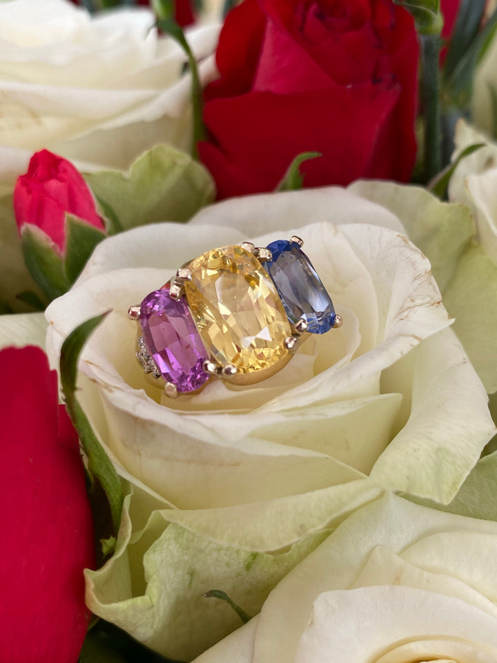 No Heat Pink, Yellow and Blue Sapphire Cushion Cut Engagement Ring