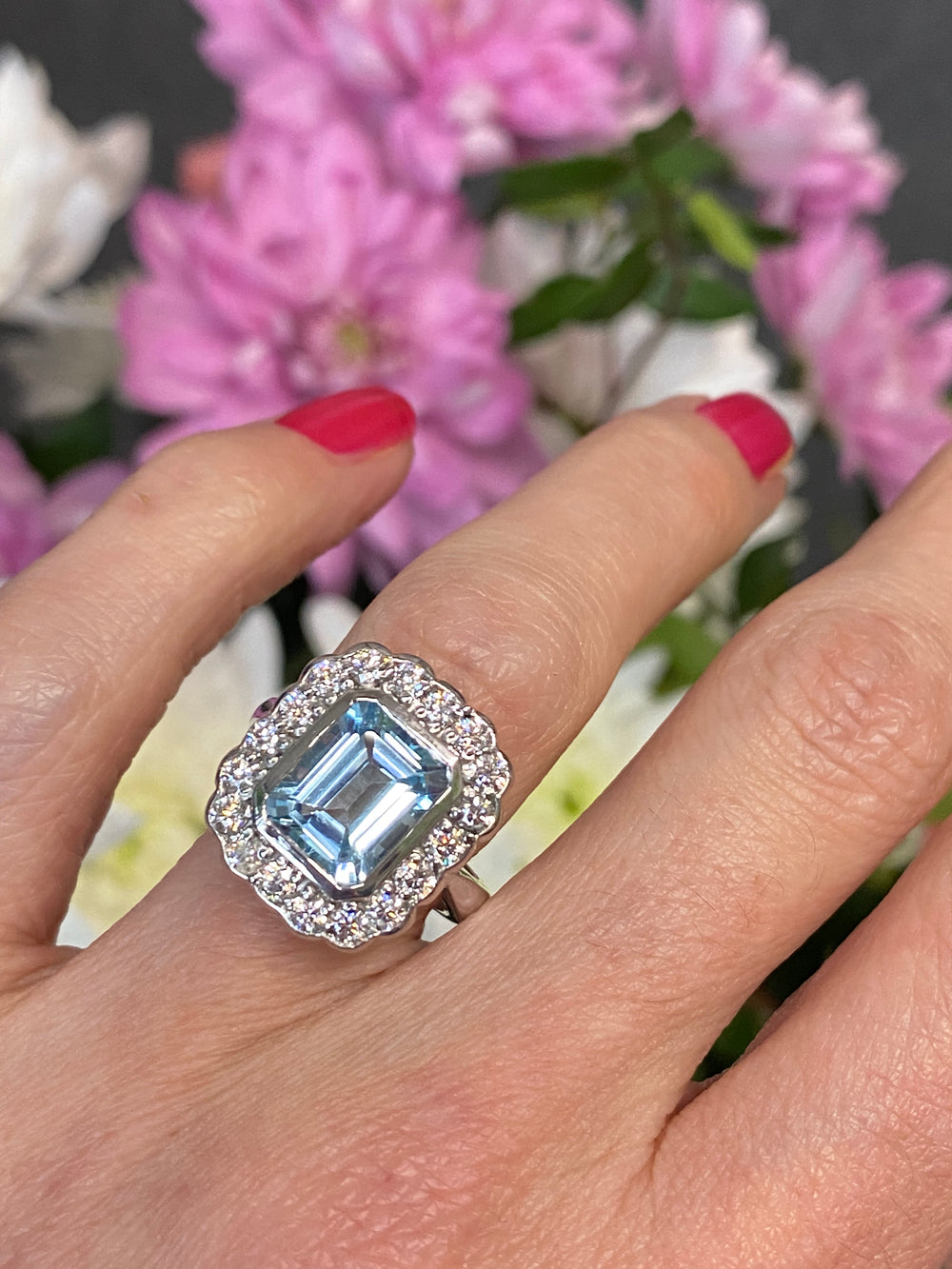 Emerald cut Blue Topaz and Moissanite Halo Cocktail Engagement Ring in Sterling Silver under 1000 Katherine James Jewellery  