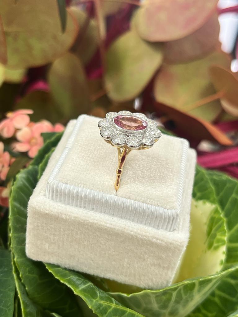 2 Carat Oval Pink Tourmaline and Diamond Halo Antique Edwardian Style Engagement Ring in White and Yellow Gold 