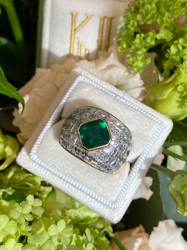 Colombian Emerald and Pave Diamond Vintage Bombe Cocktail RIng Katherine James Jewellery  