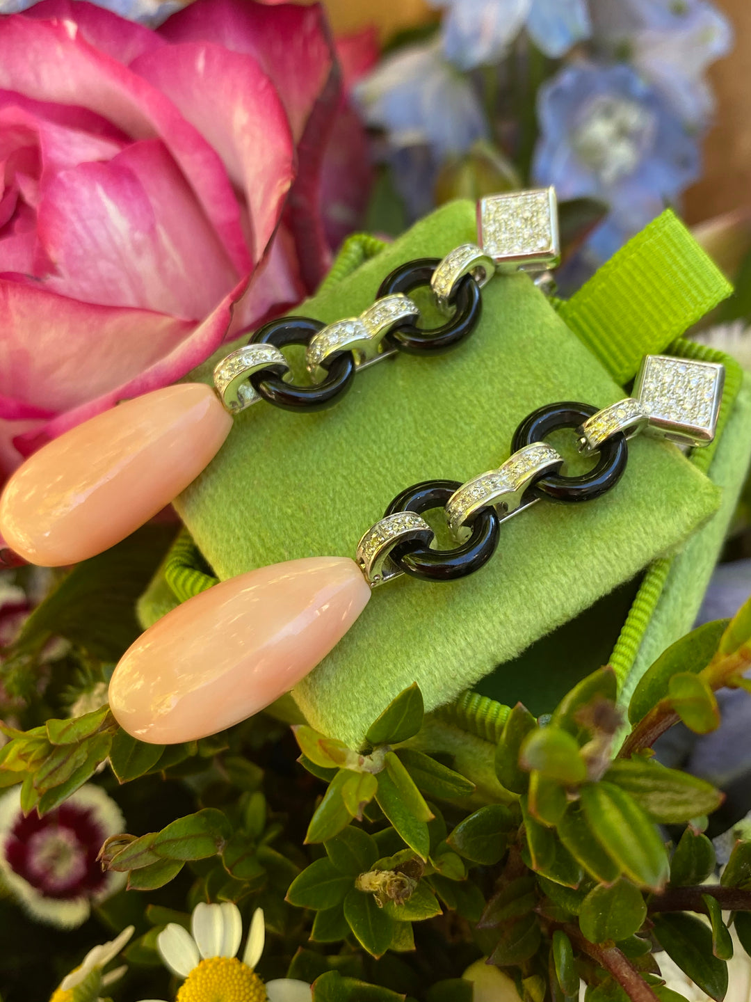Art Deco Coral, Onyx, and Diamond Earrings 