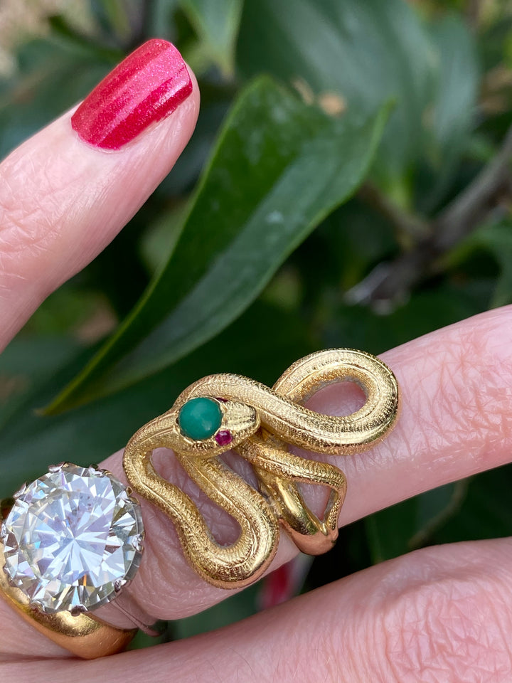 Antique Turquoise and Ruby Serpent Ring in 18ct Yellow Gold