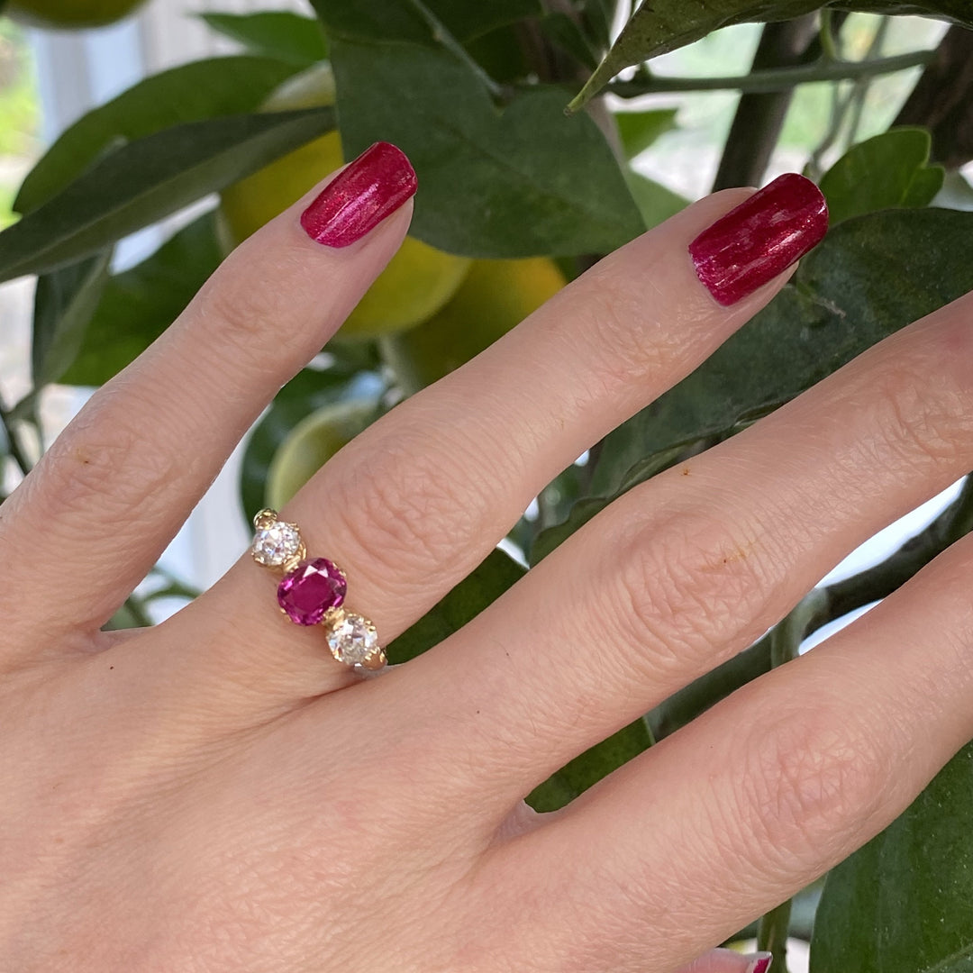1.73 CTW Antique Ruby and Diamond Three Stone Ring in Yellow Gold 
