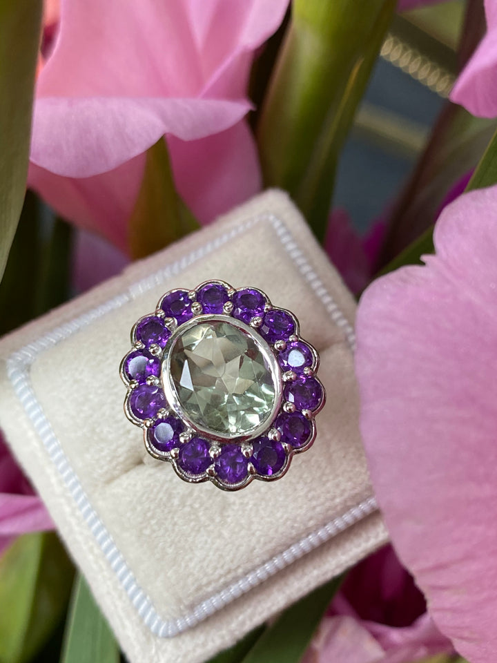 Oval Purple and Green Amethyst Halo Bezel Cocktail Ring in Sterling Silver 