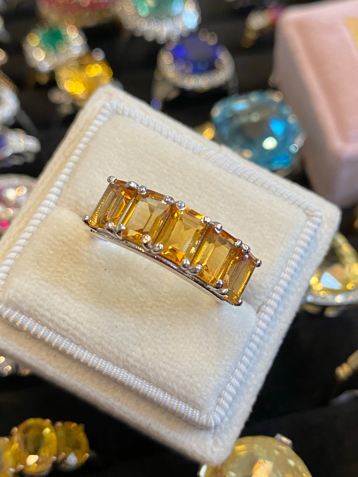 Emerald Cut Citrine Five Stone Ring in Sterling Silver