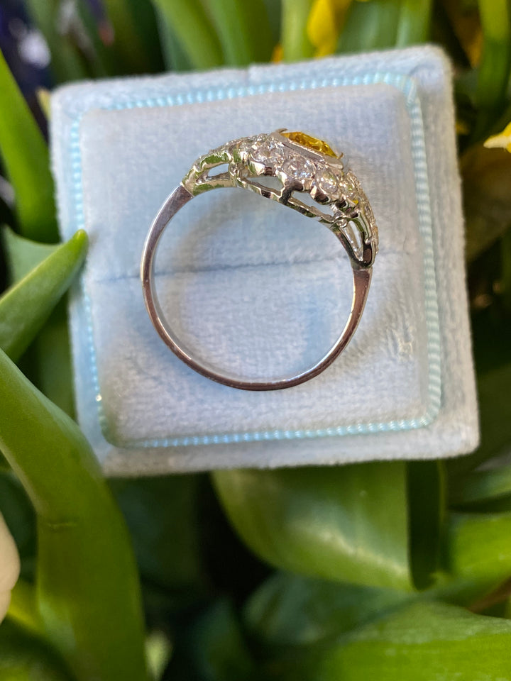 1.60 Carat Yellow Sapphire and Diamond Art Deco Ring in Platinum