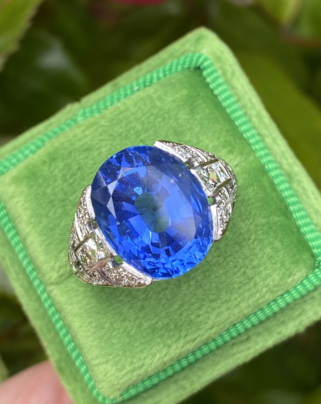 10.05 Carat Antique Art Deco Oval Blue Ceylon Sapphire and Diamond Ring 