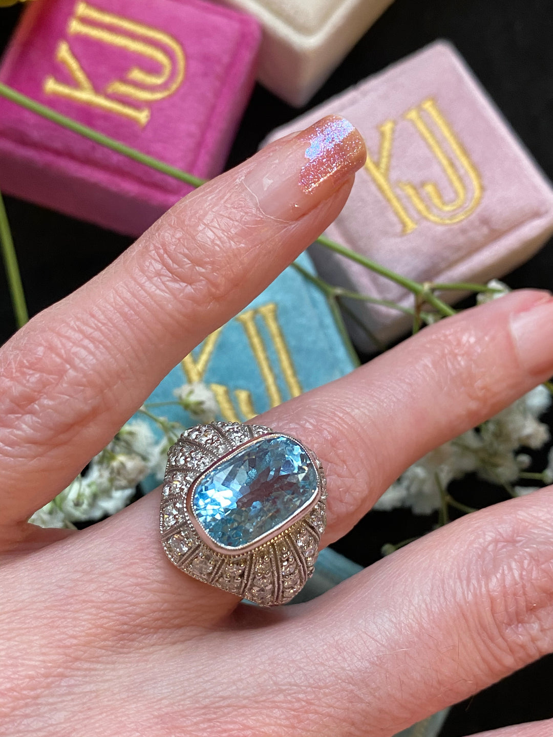 Antique Art Deco Aquamarine and Diamond Dress Engagement Cocktail Ring in Platinum