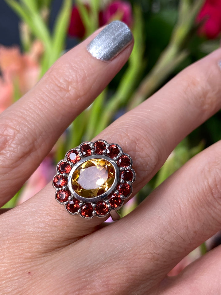 Oval Citrine and Red Garnet Halo Cocktail Ring in Sterling Silver 