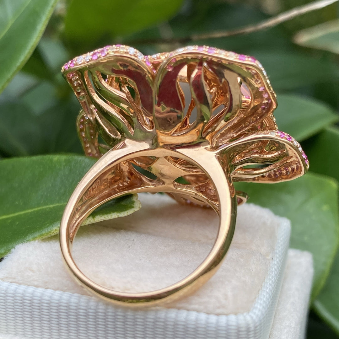 Rose Quartz Flower Ring with Pink and Yellow Sapphires and Diamonds in Rose Gold 