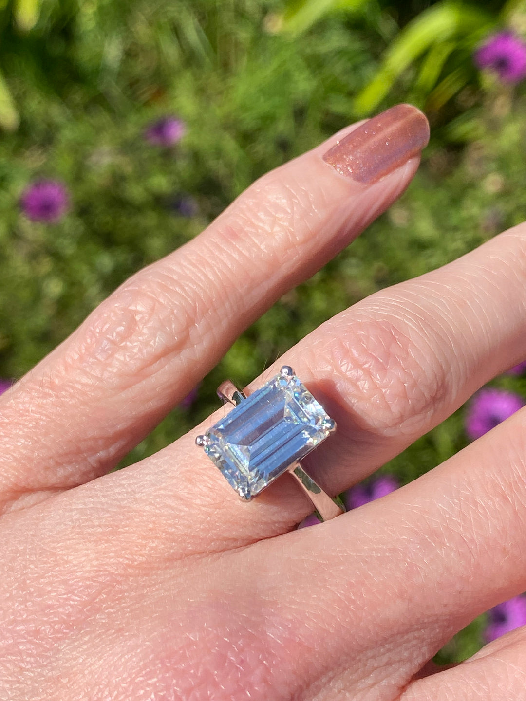 5 Carat Emerald Cut Moissanite Engagement Ring in Sterling Silver Katherine James Jewellery 