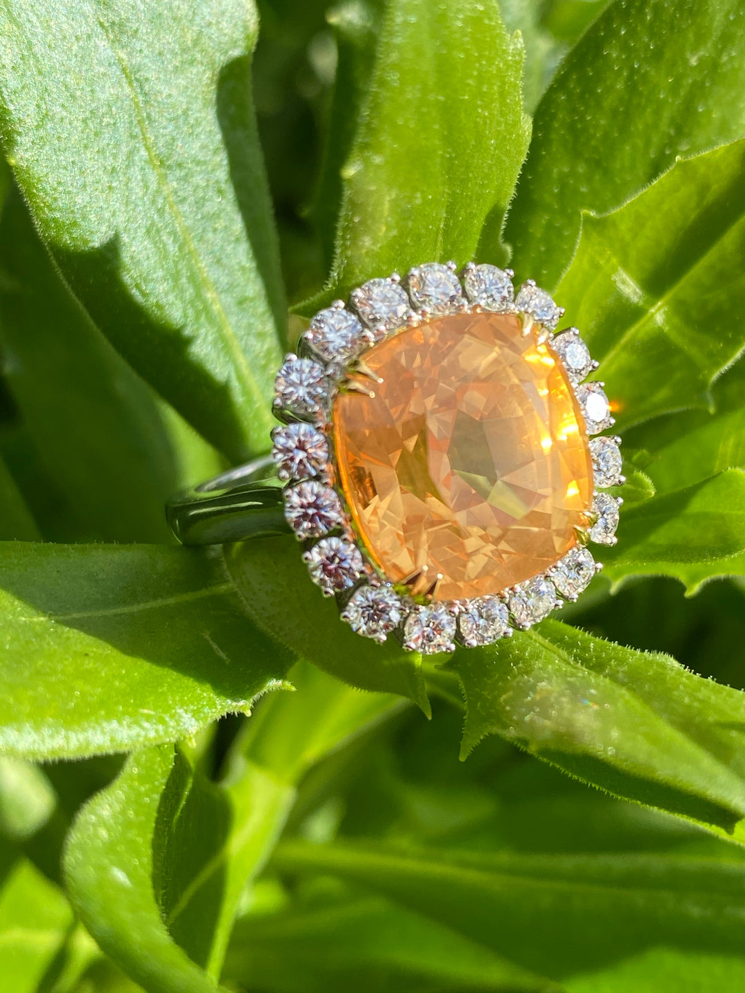 13.97 Certified Unheated Orange Sapphire and Diamond Ring 