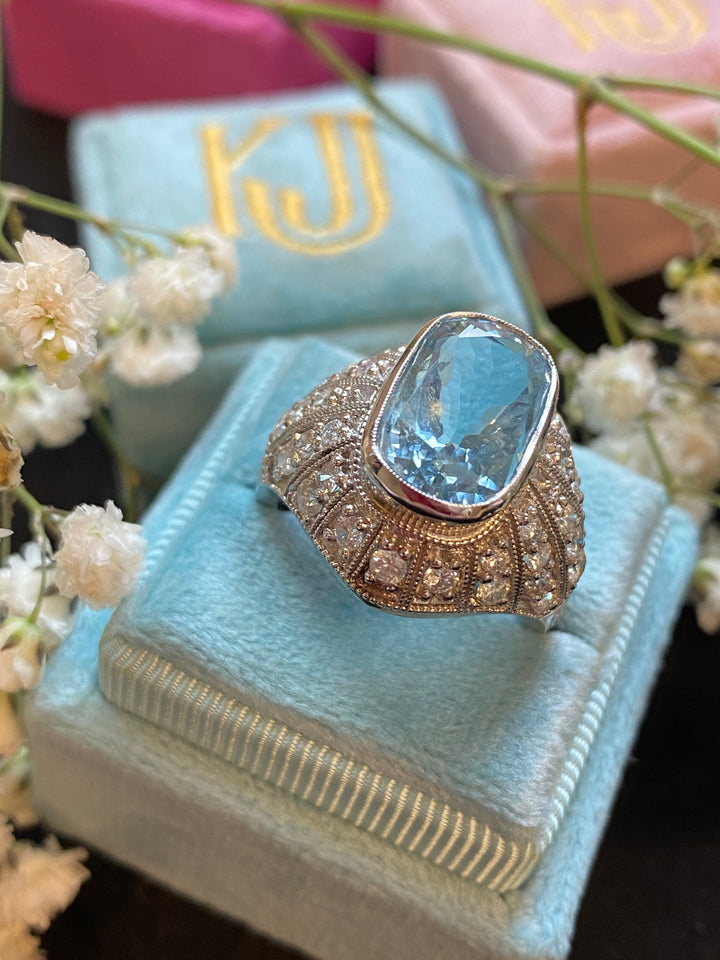 Antique Art Deco Aquamarine and Diamond Dress Engagement Cocktail Ring in Platinum