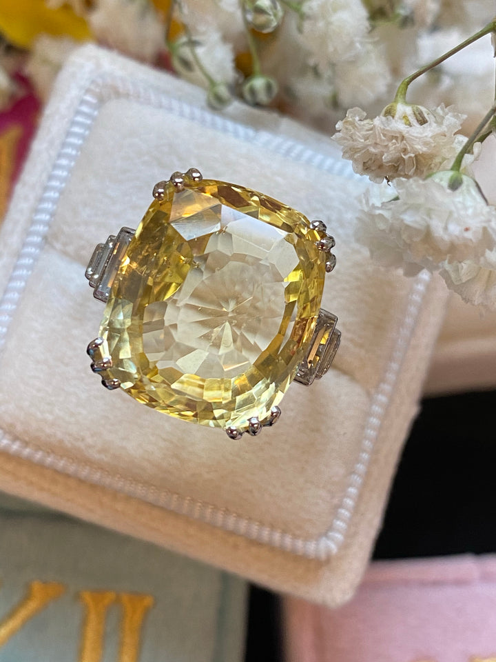 19.60 Carat Certified Unheated Yellow Sapphire and Diamond Art Deco Ring