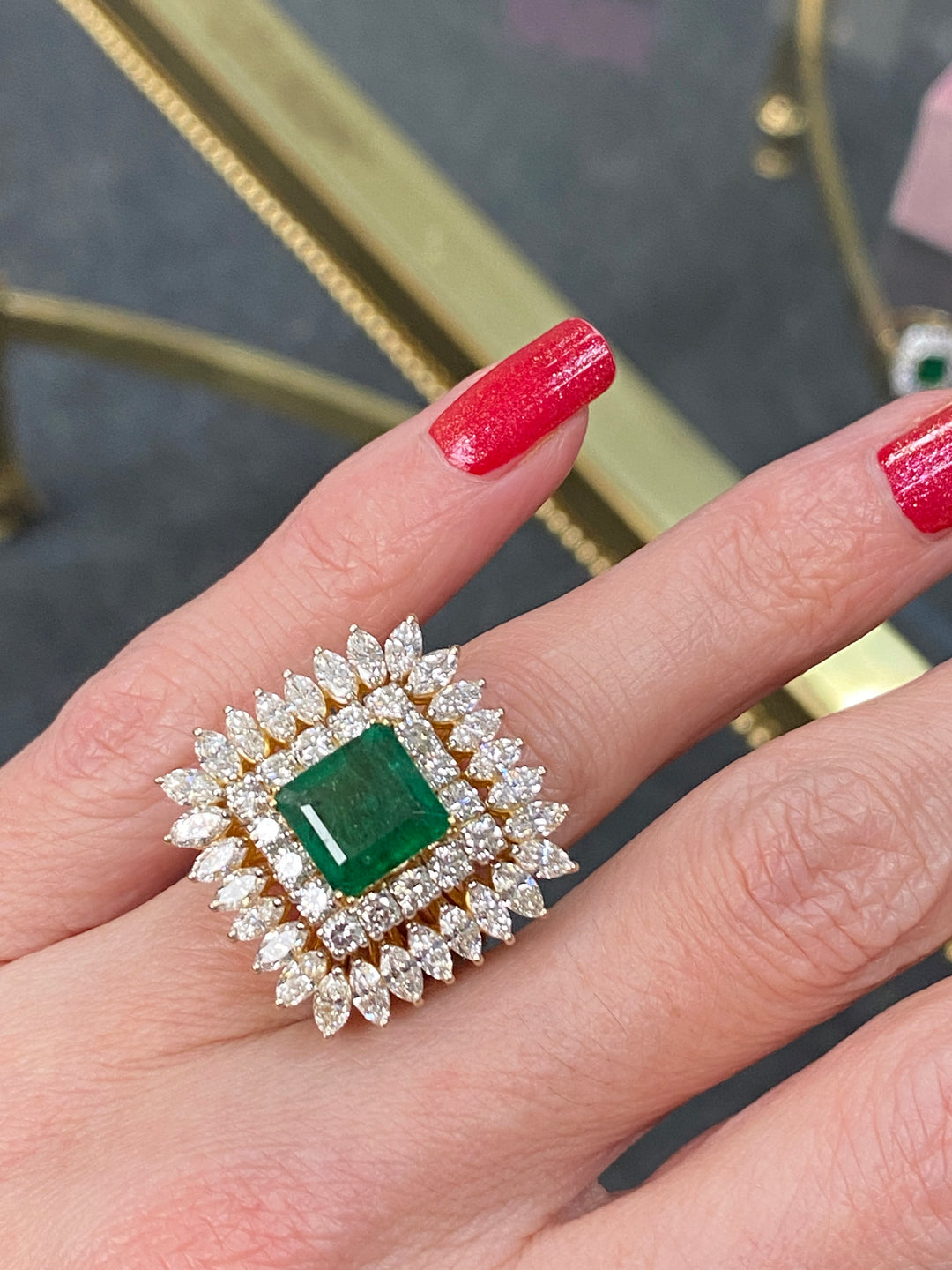 6.00 CTW Vintage Emerald and Diamond Double Halo Cocktail Ring in 18ct Yellow Gold