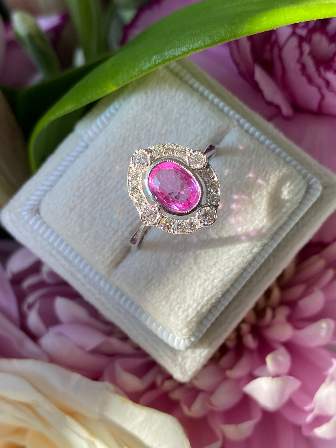 1.20 CTW Pink Sapphire and Diamond Compass Halo Engagement Ring in Platinum