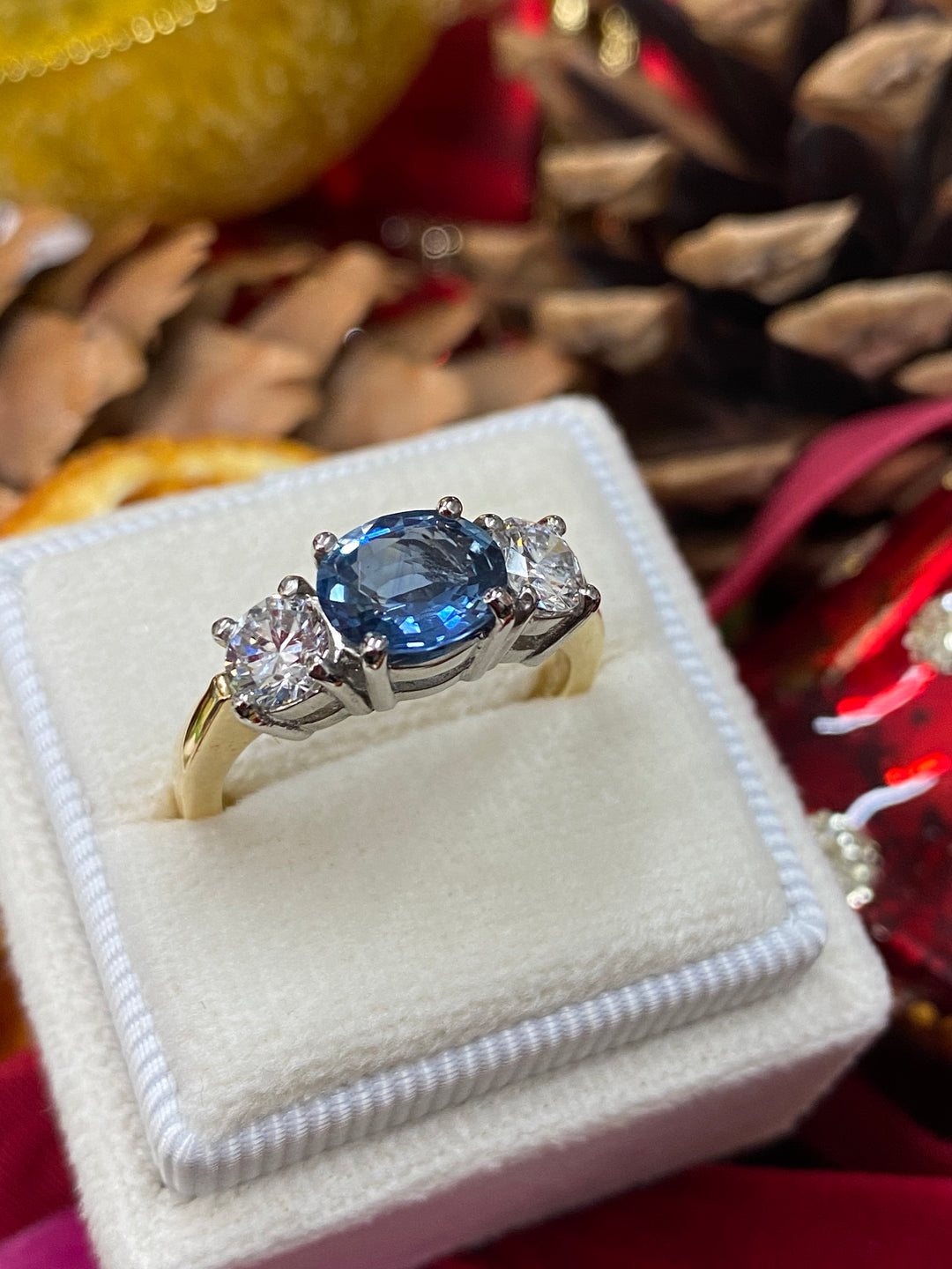 1.48 Carat Blue Ceylon Sapphire and Diamond Three Stone Engagement Ring in 18ct Yellow Gold