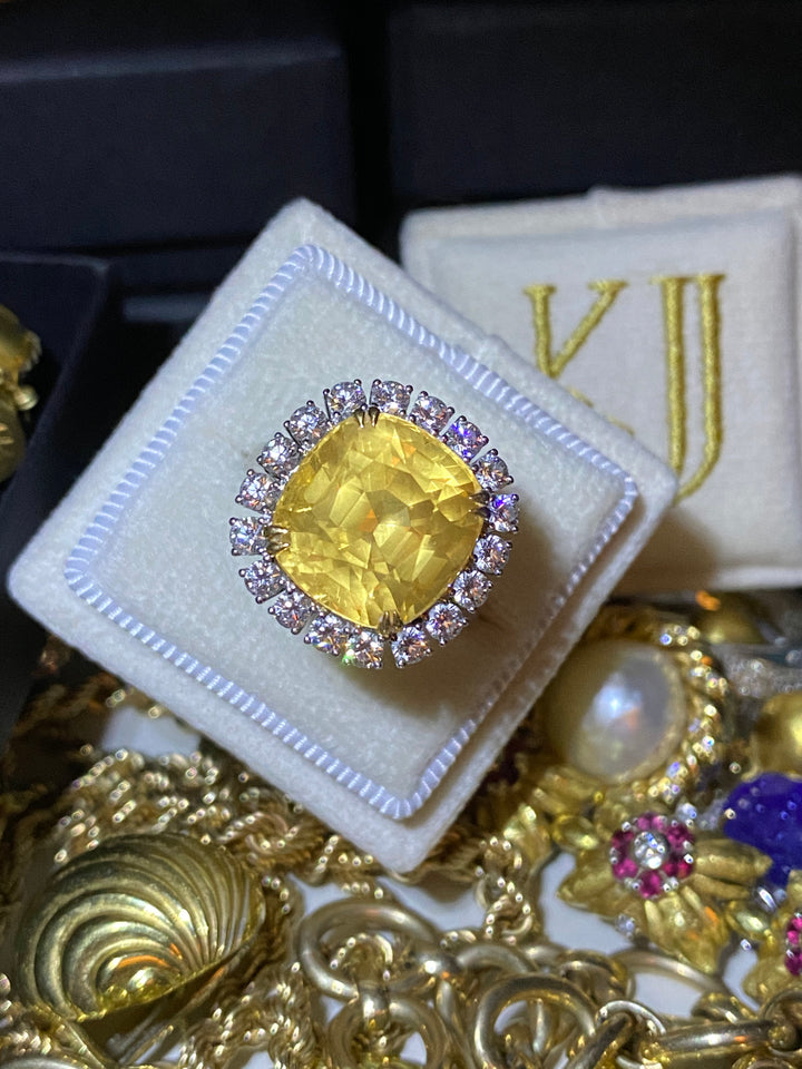 13.97 Carat Certified Unheated Yellow-Orange Sapphire and 1.05 Carat Diamond Ring