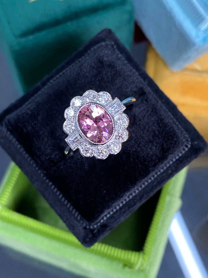 Oval Cut Pink Tourmaline and Diamond Halo Art Deco Engagement Ring in Platinum 