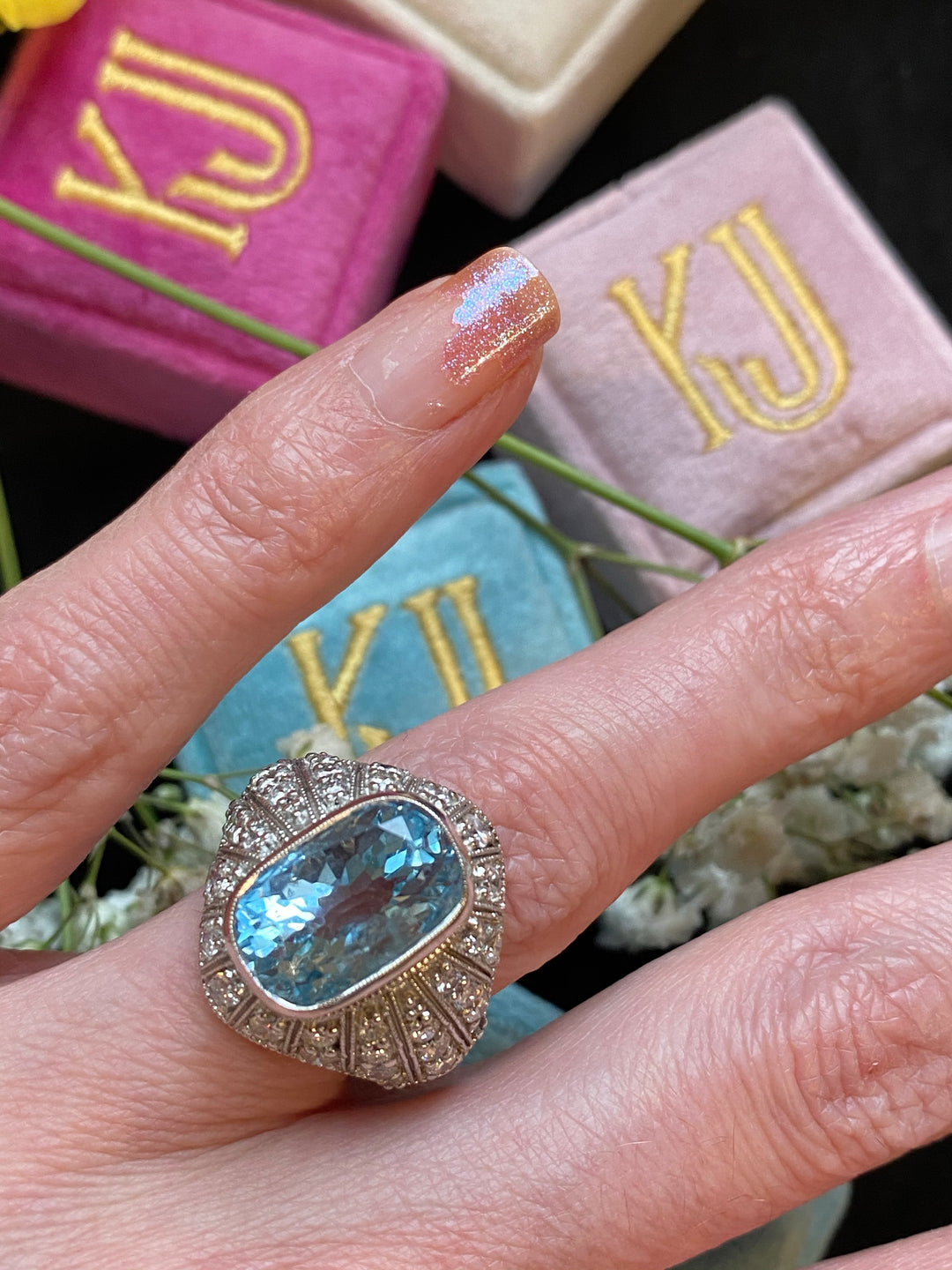 5.78 Carat Antique Art Deco Aquamarine and Diamond Cocktail Ring in Platinum