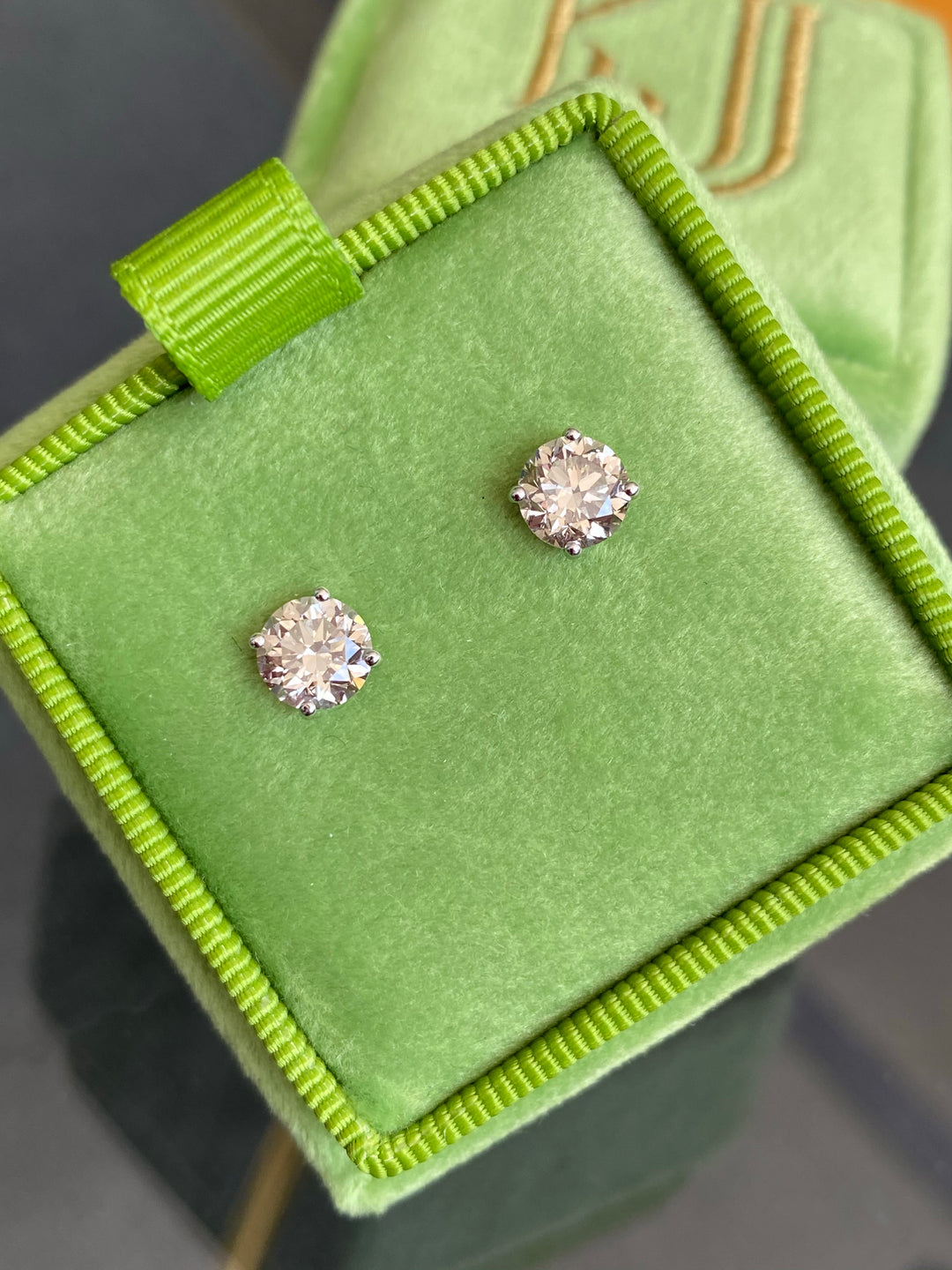2 carat round brilliant cut diamond stud earrings in white gold