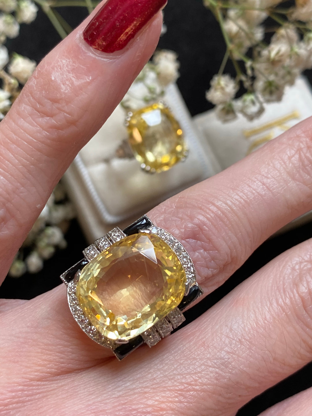 19.23 Carat Certified Unheated Yellow Sapphire, Black Onyx and Diamond Antique Art Deco Ring