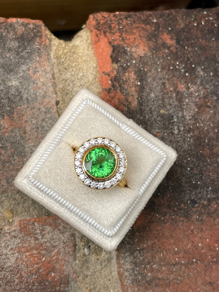 3.50 Carat Round Tsavorite Green Garnet and Diamond Halo Bezel Engagement Ring in Yellow Gold 