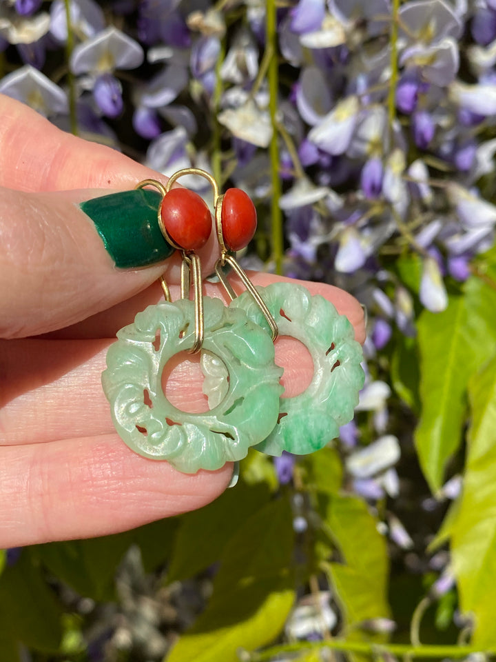 Antique Coral and Jade Art Deco Drop Earrings in 18ct Yellow Gold