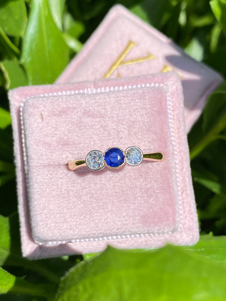 0.60 CTW Antique Blue Sapphire and Old Cut Diamond Engagement Ring in 18ct Yellow Gold