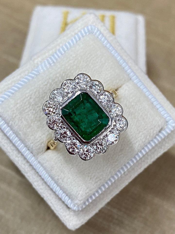 2.40 Carat Emerald and Diamond Halo Ring in 18ct White and Yellow Gold