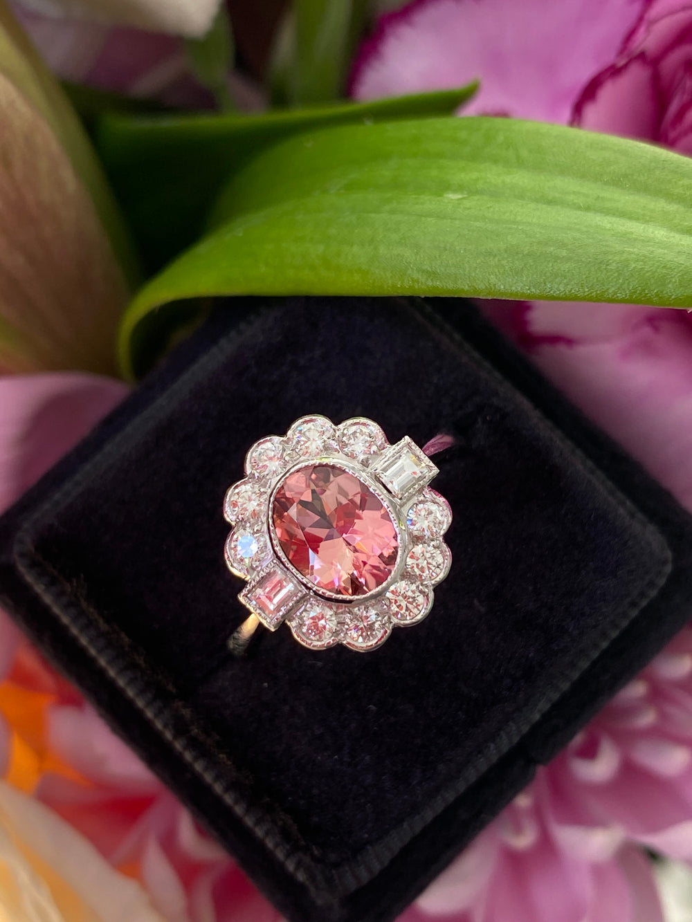 Oval Cut Pink Tourmaline and Diamond Halo Unique Art Deco Engagement Ring in Platinum 