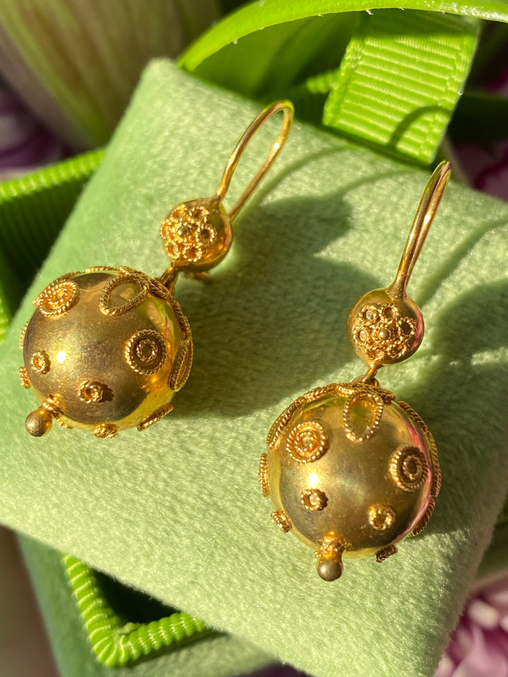 Vintage Etruscan Style Ball Drop Earrings in 14K Yellow Gold