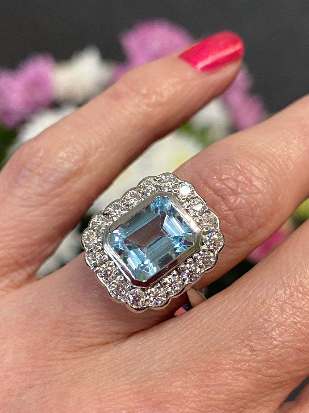 Emerald cut Blue Topaz and Moissanite Halo Cocktail Engagement Ring in Sterling Silver under 1000 Katherine James Jewellery  